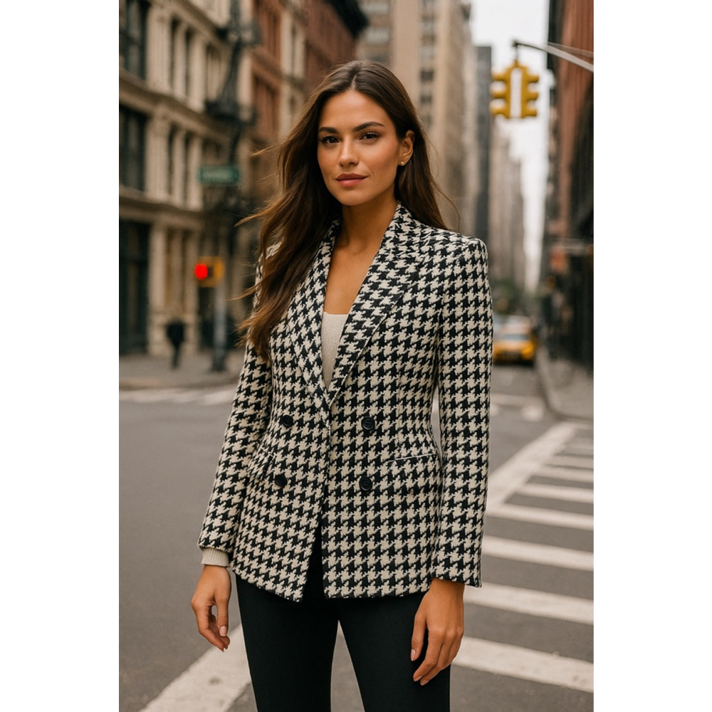 Bagatelle Collection Houndstooth Blazer Black White Double Breasted Old Money M